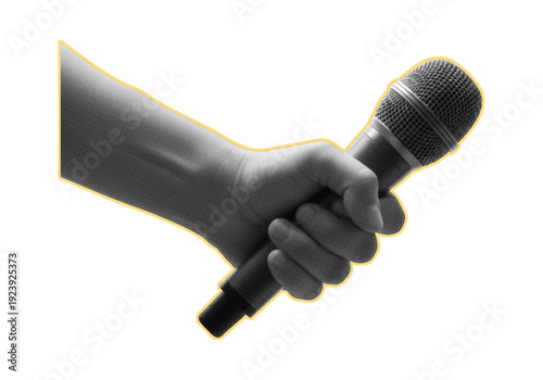 Hand holding microphone halftone collage. Trendy retro halftone collage element isolated on transparent background.