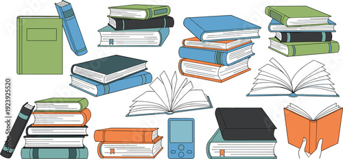 Books and Study Supplies Collection with Stacked Textbooks, Open Pages, E Reader Device and School Learning Vector Illustration
