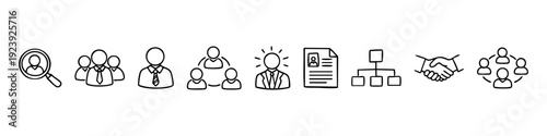 Human resources and recruitment icons banner featuring business leadership, teamwork, hiring, networking, and management symbols in line art style