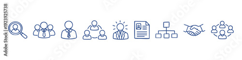 Human resources and recruitment icons banner featuring business leadership, teamwork, hiring, networking, and management symbols in line art style