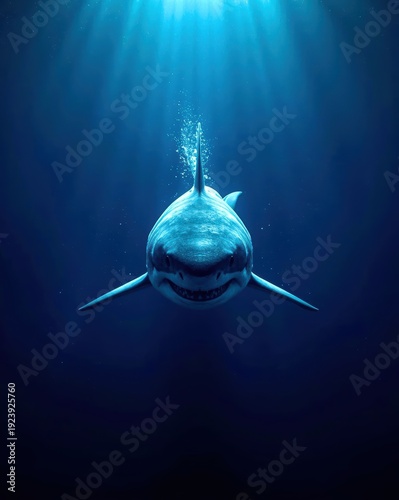 A shark is swimming in the ocean with its mouth wide open