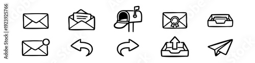 Set of hand-drawn mail and email icons in a doodle style, featuring envelopes, mailbox, inbox, and paper plane icons on a white background
