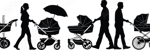 Baby stroller silhouettes illustration set, adults pushing prams in different styles, childcare equipment evolution, cad drawing flat vector illustration, isolated design