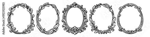Set of hand-drawn vintage mirrors in pastel colors with floral and ornate baroque details, isolated on a white background