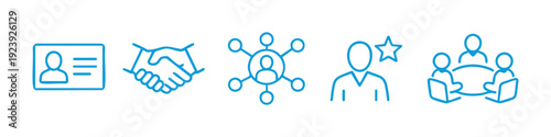 Minimalist blue line icons for human resources and business, including ID card, handshake, professional network, star rating, and team meeting.