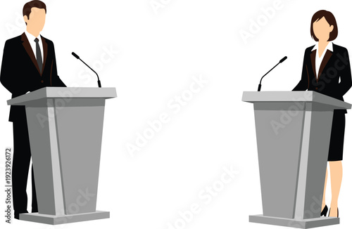 Debate podium speakers illustration, man and woman public speaking, formal discussion presentation, cad drawing flat vector illustration, political debate silhouette isolated