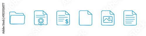 Set of hand-drawn document and folder icons including certificate, invoice, blank page, photo file, and text document. Simple line art style.