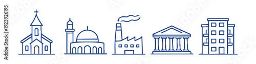 Set of hand-drawn building icons including a church, mosque, factory, temple, and apartment block in a simple line art style on white background