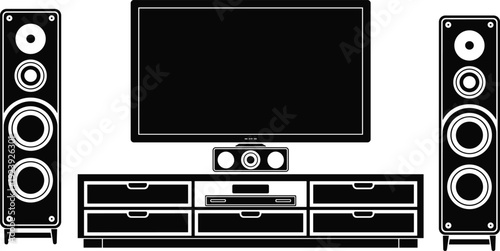 Home theater entertainment system setup, flat screen television with speakers, audio visual equipment arrangement, cad drawing flat vector illustration, modern interior