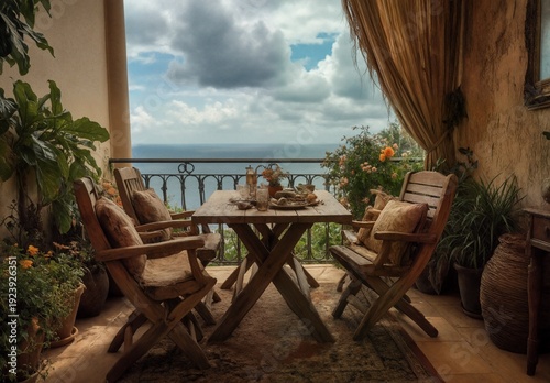 rustic balcony dining with mediterranean sea view and lush plants.