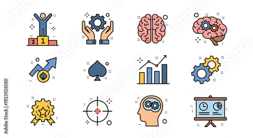 A collection of success and strategy icons featuring gears, brains, and growth symbols in flat modern vector style, perfect for business presentations and creative projects