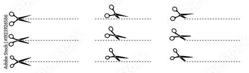 Scissors set. Scissors with cut line vector illustration collection.  Collection scissors black on white background. Vector illustration