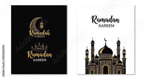 Ramadan kareem greeting cards with crescent moon mosque and calligraphy designs