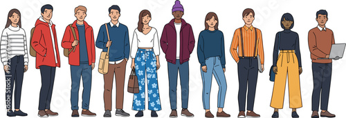 Diverse Young Adults Standing in Casual Fashion Outfits, Modern Men and Women Full Body Character Collection Vector Illustration