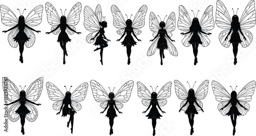 Black vector silhouette set of thirteen diverse winged fairies and butterfly women for fantasy character branding magical storytelling and mystical garden party decoration advertising