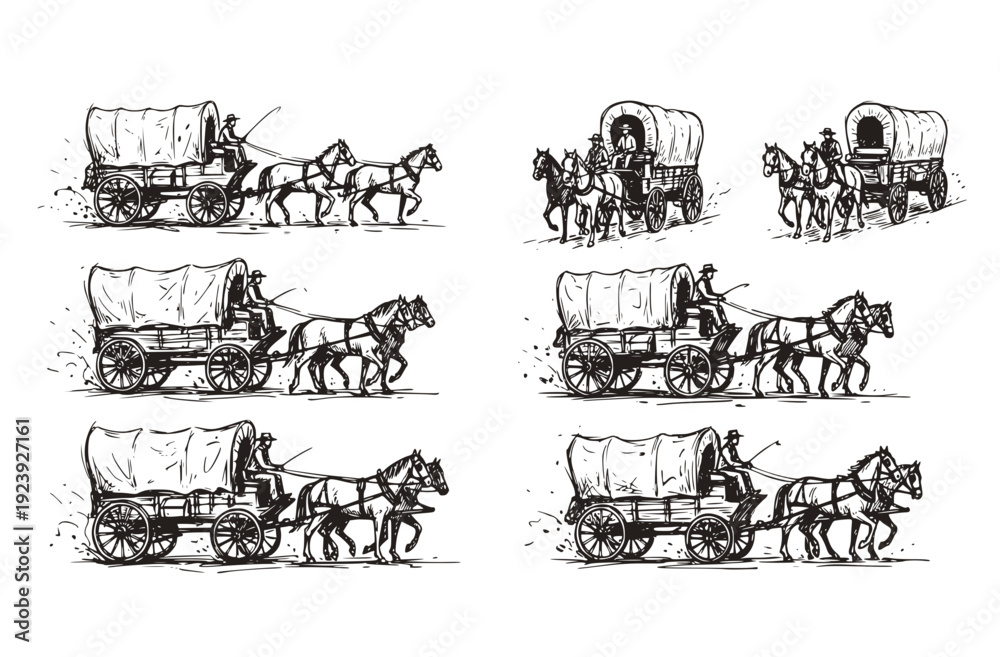 Obraz premium Covered Wagon Horses Male Riders Wild West Transportation Set 8 Chaotic Ink Sketch Pioneer Carriage-Frontier Travel Forms Vector Set