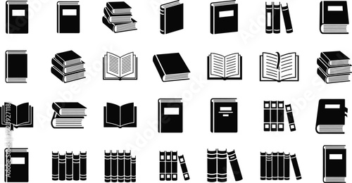 Book and library silhouette icon set featuring stacked books, open textbook and binders isolated in black vector collection for education and reading design