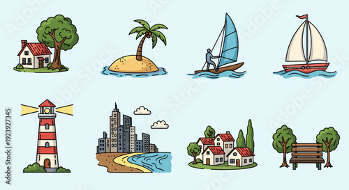A collection of nature and cityscape illustrations featuring a lighthouse, sailboat, tree, and more in a colorful vector style, perfect for travel and outdoor themes