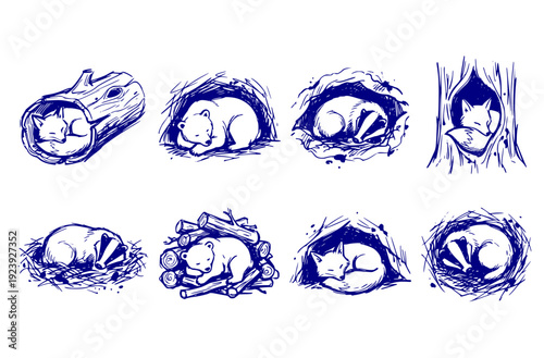 Forest Animals Burrows Foxes Bears Badgers Sleeping Set 8 Chaotic Ink Sketch Tree Hollows Logs-Woodland Creature Forms Vector Set