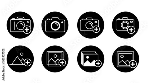 Camera and photo add button icon set in circle frames
