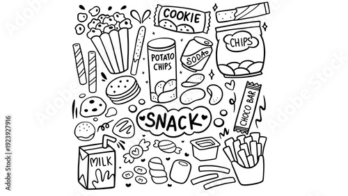 Snack food doodle set with chips popcorn and cookie illustration
