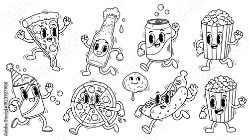 Food character set in vintage rubber hose cartoon style
