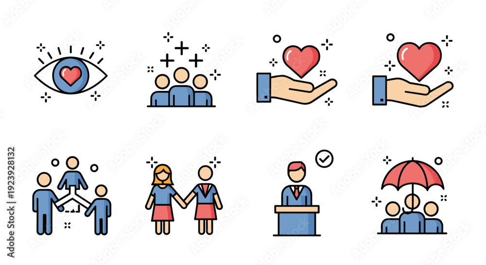 Fototapeta premium A collection of heart and people icons representing love, support, and community in flat vector style, suitable for social projects and branding