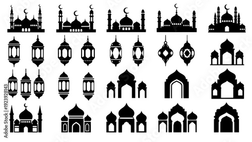 Mosque and islamic architecture icons set for ramadan and eid