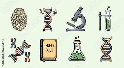 A collection of genetic and scientific icons including DNA strands, a microscope, test tubes, and a fingerprint in colorful vector style, ideal for educational materials and biology-themed projects