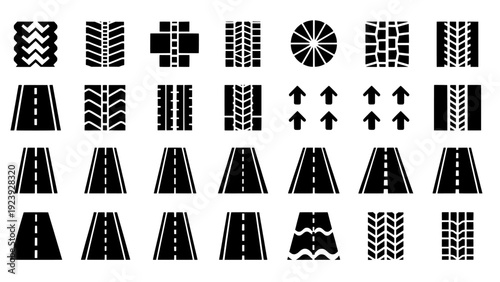 Road and tire tread pattern icons set for transportation
