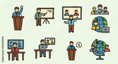 A collection of business and education icons in colorful flat vector style, ideal for presentations and digital learning materials