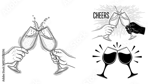 Cheers toasting hands with champagne and wine glasses doodle
