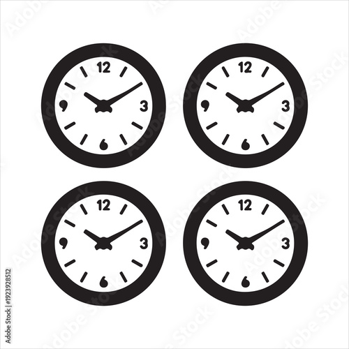 Vector illustration of four analog wall clocks in black outline, et of black clock icons showing different times and styles