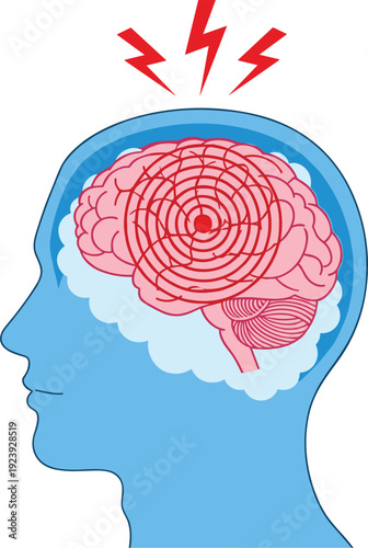 Human Brain Pain Concept Illustration with Head Silhouette, Migraine Attack, Neurological Disorder, Mental Stress and Headache Vector Design