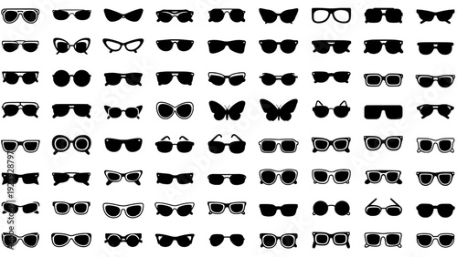 Sunglasses icon set with various frame styles in black silhouette
