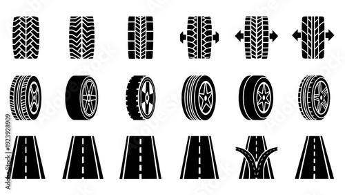 Road and tire tread pattern icons set for transportation
