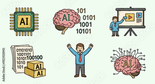 A collection of artificial intelligence related icons including a brain, binary code, and a presenter in modern vector style, suitable for tech presentations and educational materials