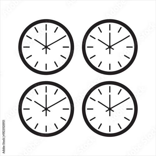Vector illustration of four analog wall clocks in black outline, et of black clock icons showing different times and styles