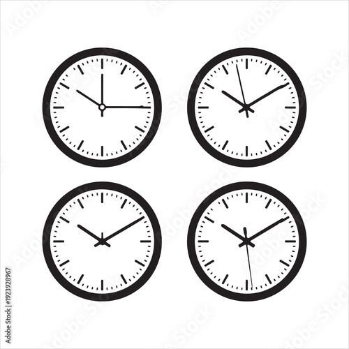 Vector illustration of four analog wall clocks in black outline, et of black clock icons showing different times and styles