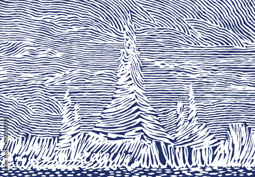 Elegant Japanese-inspired background featuring a white hand-drawn Thai temple spire on a navy blue field. Intricate woodblock-style etching creates a rhythmic, mountain-like aesthetic.