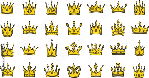 Hand drawn golden crown vector icon set with various royal tiara designs and jewelry ornaments for luxury branding and king queen fashion