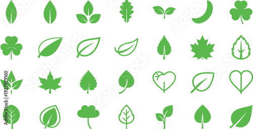 Green leaf icon set with various plant and nature symbols, eco friendly botanical silhouettes isolated on white background vector illustration collection