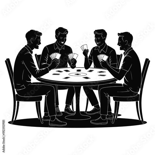 Four male friends playing poker game around circular table with playing cards in hands in silhouette style vector illustration isolated on white