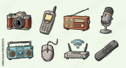A collection of retro technology icons including a camera, vintage radio, microphone, and more in colorful vector style, ideal for tech-related projects