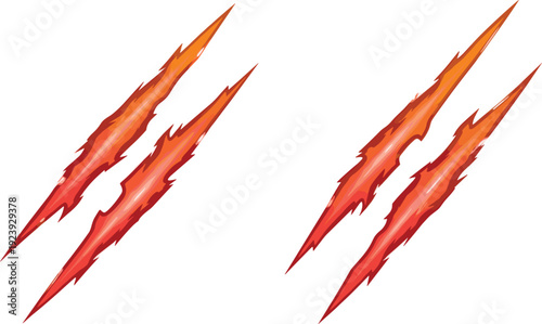 Red predator claw marks and scratch vector set with fire and blood texture for aggressive animal attack gaming and action movie design elements