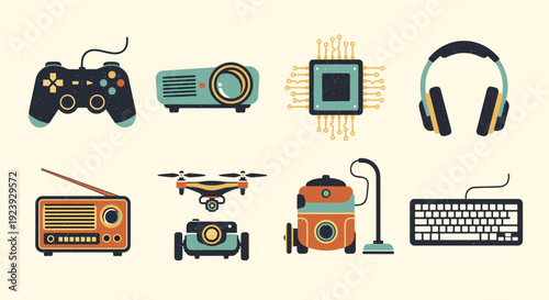 A collection of gaming and technology icons including a controller, projector, drone, and headphones in colorful flat vector style, ideal for tech-themed designs