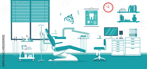 Modern dental clinic interior vector illustration with professional dentist chair medical equipment and comfortable patient waiting area for healthcare office and stomatology design