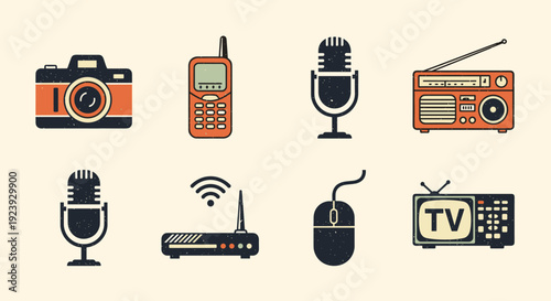 A collection of vintage communication icons including a camera, mobile phone, microphones, radio, and television in retro vector style, perfect for media and design projects