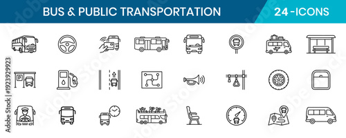 Bus Public Transportation Thin Line Icon Set