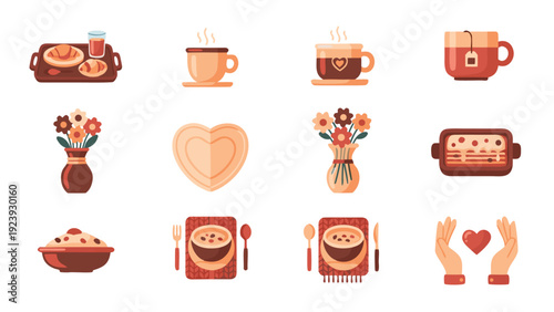 Collection of flat design icons representing food, drinks, and home decor elements